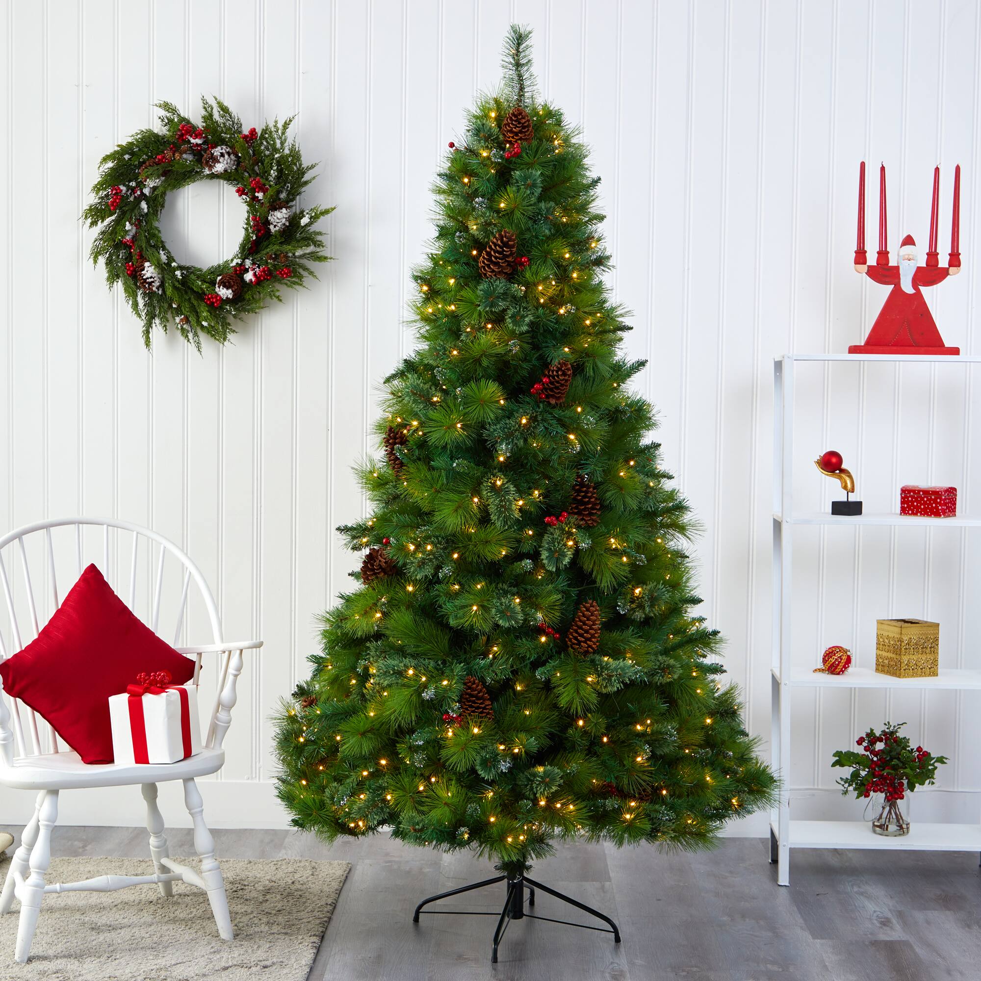7ft. Pre-Lit Montana Mixed Pine, Pinecones & Berries Artificial Christmas Tree with Clear LED Lights